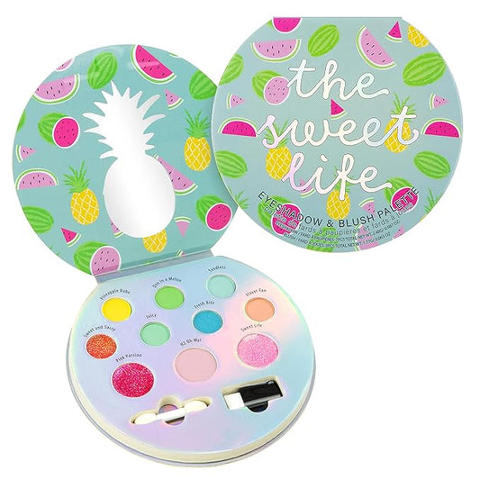The Sweet Life Glisten & Glitter Makeup Palette 10 Color Eyeshadow Palette & Blush Makeup Novelty Beauty Set, Fold Out Compact with Mirror,Washable, Non-Toxic