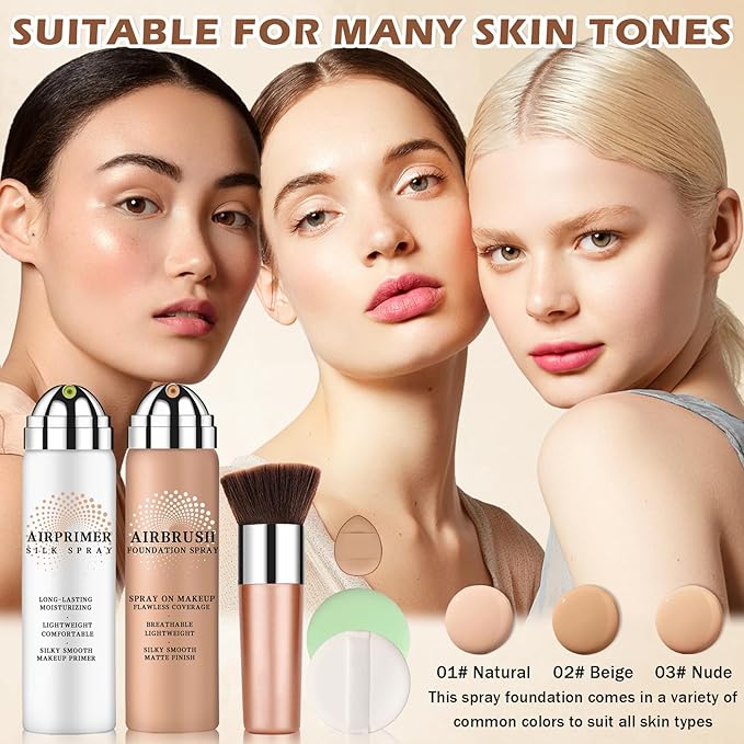 Air Brush Makeup Foundation Spray and Primer for Face Before Makeup,Silk Airbrush Flawless Setting Spray,Waterproof,with Brush and 2 Powder Puffs (03 Nude)