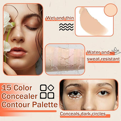 15 Colors Correcting Concealer Palette with Brush,Colors Corrector Palettes Long Lasting Moisturizing Cream Contour Makeup Palette