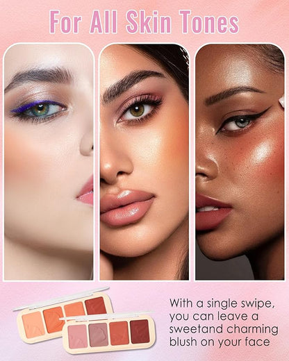 Matte Face Blush Palette Kit with Brush-4 Colors Pink Purple Orange Silky Mineral Blendable Blusher Contour Powder for Cheeks,Longlasting Professional Facial Beauty Makeup Gift for Women Girl-Set 01