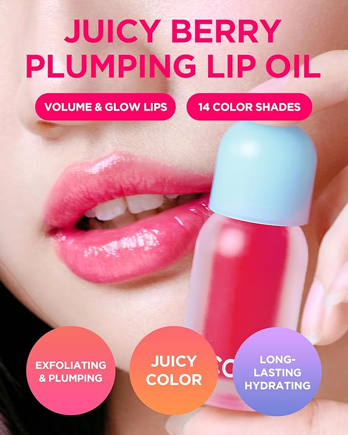 TOCOBO Juicy Berry Plumping Lip Oil 03 Black Cherry – Korean Vegan Hydrating Lip Oil with Plant Oils for High Shine Gloss - Non Sticky Formula for All Skin Tones, 0.12 fl.oz.