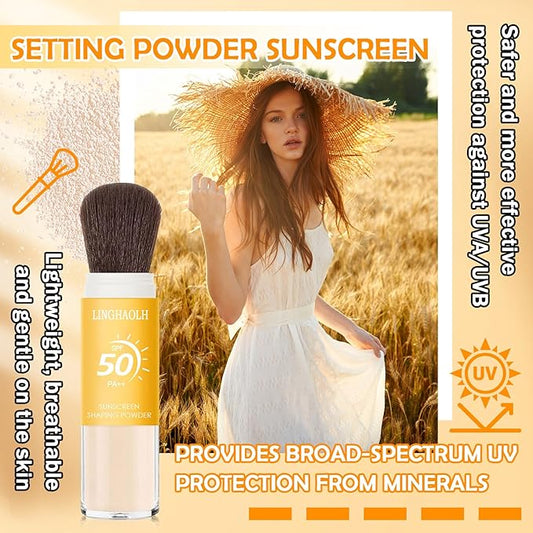Sunscreen Setting Powder Brush SPF 50 PA++,Matte Translucent Loose Setting Face Powder,Brush On Powder Sunscreen for Face,Long Lasting Oil Control Mineral Brush Makeup Setting Powder