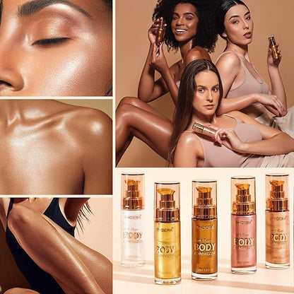 PHOERA Body Shimmer Oil,Waterproof Long Lasting Moisturizing Body Luminizer Glow Body Illuminator Highlighter for Face with Makup Bursh, 1oz/Jars (102 Metallic Gold)