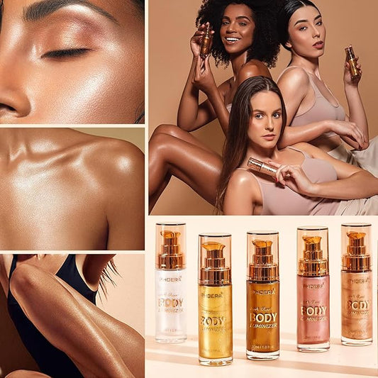 PHOERA Body Shimmer Oil,Waterproof Long Lasting Moisturizing Body Luminizer Glow Body Illuminator Highlighter for Face with Makup Bursh, 1oz/Jars (102 Metallic Gold)