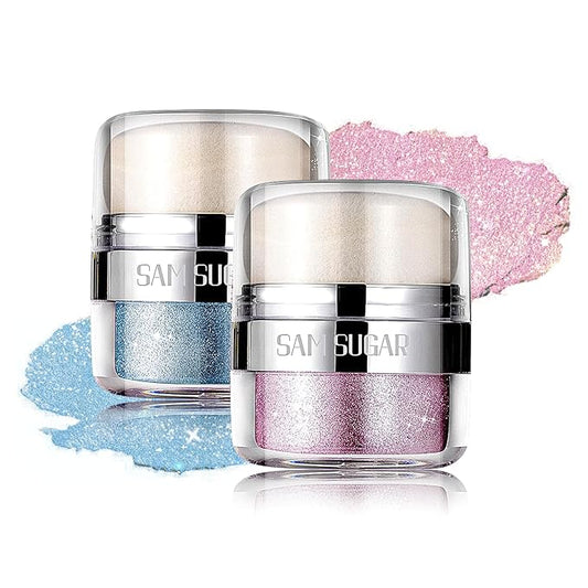 Body Shimmer Powder, 2PCS Glitter Highlighter Powder for Face, Liquid Highlighter Blush Body Glow Shimmer Powder Fairy Brightening Makeup Stick for Eyes, Hair (2, Purple/Blue, 32 g)