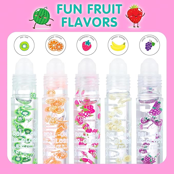 Expressions 10pc Roll On Lip Gloss Set with Carrying Case, 10-Pack Glossy Lip Makeup - Assorted Fruity Flavors, Non Toxic, Kid Friendly, Party Gift, Best Friends