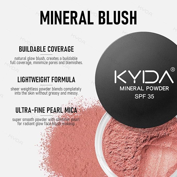 KYDA Mineral Powder Blush, SPF 35, Loose Mineral Blush, Natural Glow Blush Powder, Buildable Coverage for Healthy-looking Color, Lightweight Blendable Formula, Shine Rose