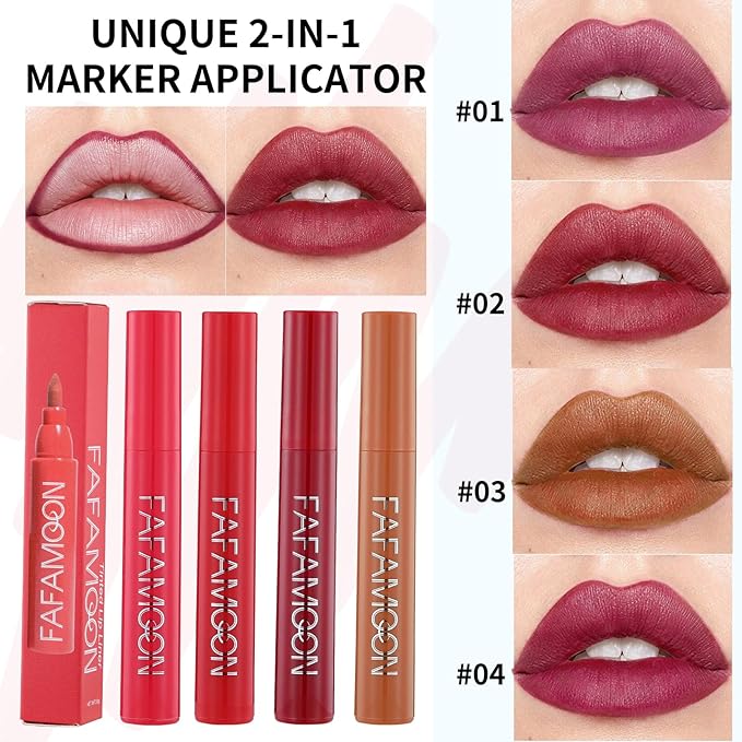 4Pcs Lip Stain Tip Marker Set, Hydrating and Waterproof Lip Liner Stain, Matte Color Look, Longlasting All Day Wear Lip Color, Smudge Proof Natural Finish, Precise Chisel Tip Marker