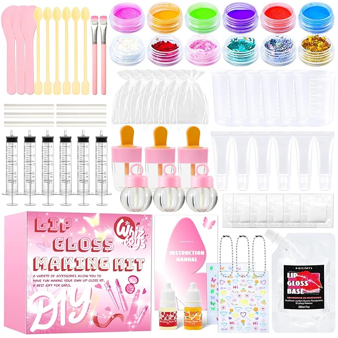 DIY Lip Gloss Making Kit 74 PCS, Pink Kids Lip Gloss Supplies Set Beginner, Fun Craft Set Moisturizing Base, Birthday Gift Set for Girls, Kids, Teenagers, Women