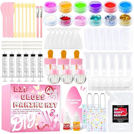 DIY Lip Gloss Making Kit 74 PCS, Pink Kids Lip Gloss Supplies Set Beginner, Fun Craft Set Moisturizing Base, Birthday Gift Set for Girls, Kids, Teenagers, Women