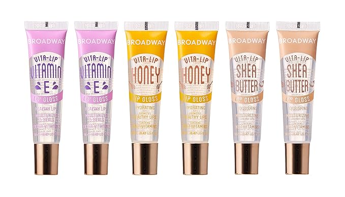 6 pcs Broadway Vita-Lip Gloss High Shine Long Lasting 2 Honey + 2 SHEA BUTTER + 2 Vitamin E Oil by RubyKisses Cosmetics