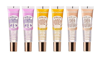 6 pcs Broadway Vita-Lip Gloss High Shine Long Lasting 2 Honey + 2 SHEA BUTTER + 2 Vitamin E Oil by RubyKisses Cosmetics