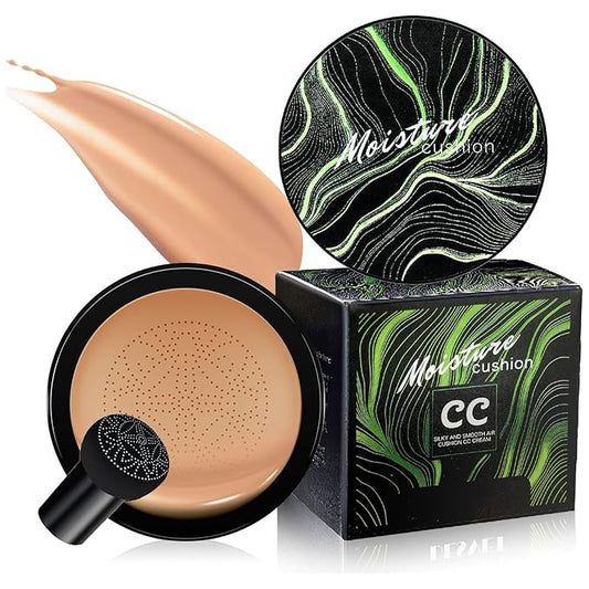 Mushroom Head Air Cushion CC Cream - Long-Lasting & Brightening Color Changing Foundation for Older Women, Waterproof & Moisturizing Full Coverage for Mature Skin (Medium Deep)