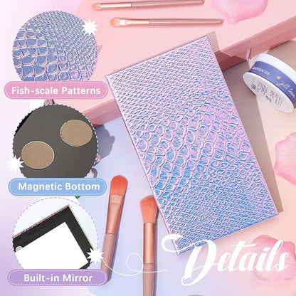 2 Pieces Magnetic Mermaid Empty Palette with Mirror and 36 Pcs Adhesive Metal Stickers Large Mermaid Makeup Empty Palette for Eyeshadow Lipstick Blush Powder