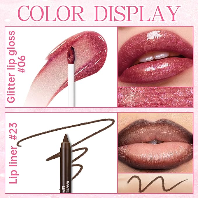 Glitter Lip Gloss with Brown Lip Liner Set Lip Combo, Moisturizing High Shine Shimmer Lip Glow Oil Fresh Lightweight Glossy Plumping Lip Tint for Women Long Wear Liquid Lipstick Makeup#8