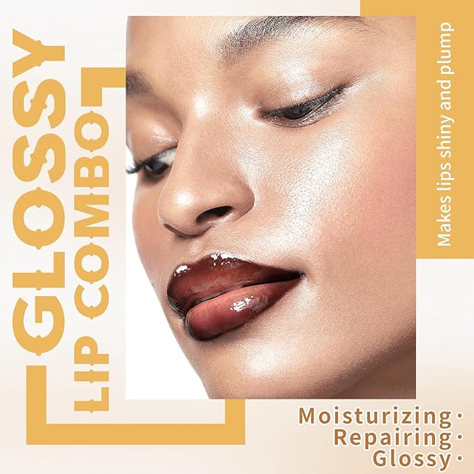2 Colors Nourishing Lip Gloss Hydration Non-Sticky Plumping Lip Kit for Women, Natural Nude Tinted Lip Glow Oil Moisturizing Lightweight Long Wear Shiny Liquid Lipstick with Lip Liner Combo