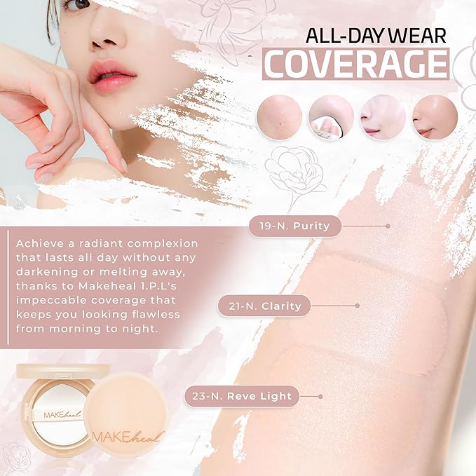 [Makeheal] 1.P.L Cushion with SPF 40 PA++, Conceal Blemishes and Reduce Redness, A Full and All-Day Wear Coverage with a Lightweight Formula & Semi Matte Finish, Korean Beauty & Skincare (19N - Purity)