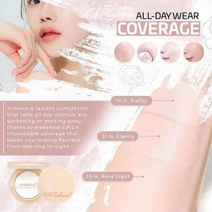 [Makeheal] 1.P.L Cushion with SPF 40 PA++, Conceal Blemishes and Reduce Redness, A Full and All-Day Wear Coverage with a Lightweight Formula & Semi Matte Finish, Korean Beauty & Skincare (19N - Purity)