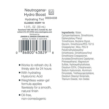 Neutrogena Hydro Boost Hydrating Tint with Hyaluronic Acid, Lightweight Water Gel Formula, Moisturizing, Oil-Free & Non-Comedogenic Liquid Foundation Makeup, 10 Classic Ivory, 1.0 fl. oz