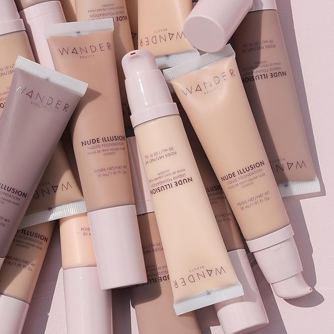 Wander Beauty Nude Illusion Liquid Foundation - Ebony - Medium to Full Coverage Foundation - Natural Makeup with Vitamin E & Macadamia - Nude Skin Finish Blurs & Conceals - Travel-Friendly- 1.01 fl oz