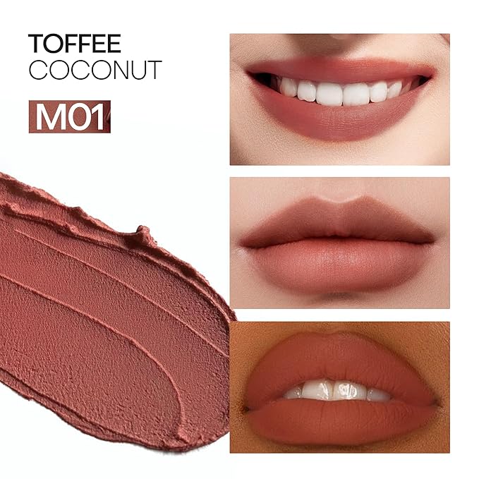 Mistine Cream Lip Gloss Thai latte Long Lasting Lip Gloss Non-sticky Silk Smooth Mist Matte Finish Lip Tint Gloss M01 Toffee Coconut 0.1 fl oz 1 Count