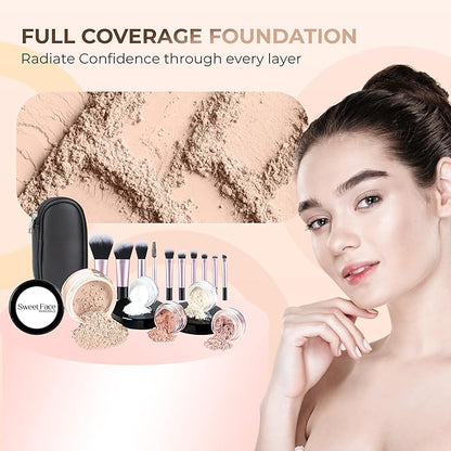 16pc STARTER KIT with 10 BRUSHES SET (LIGHT) Mineral Makeup Bare Face Loose Powder Includes Matte Foundation, Veil Primer, Blush, Bronzer, Translucent Finishing Setting Powder SPF 30 Travel Size