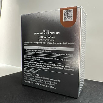 TIRTIR Mask Fit Aura Silver Cushion Foundation | Semi-glow Finish, Natural Coverage, Moisturizing, Lightweight, Korean cushion foundation (#43N Deep Cocoa, Full Size, 0.63 Fl Oz)