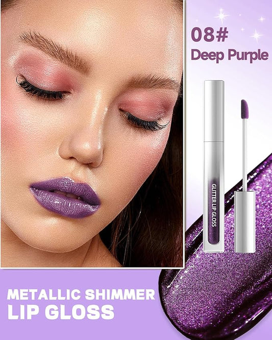 Deep Purple Metallic Liquid Lipstick, Non-Stick Cup Glitter Lip Gloss, High Pigmented Lip Color with Transfer-proof Wear, Long Lasting Waterproof Shimmer Sparkly Lipstick Cosplay Makeup for Women-08