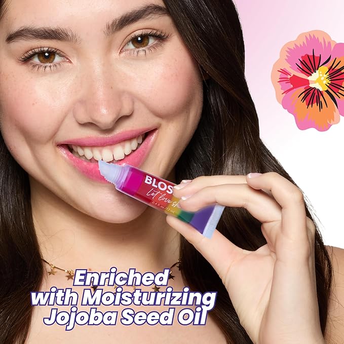 Blossom Tinted Lip Gloss, High Shine Lip Gel, Strawberry Scented, Thick Moisturizing Lip Gloss Tubes, Infused with Real Flowers, 0.4oz, Let Love Shine Rainbow