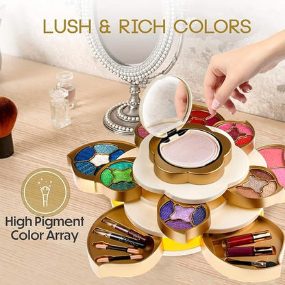 All In One Makeup Kit for Teens and Women - Flower Makeup Set for Girls with Pigmented Eyeshadows, Lip Creams, Blushes, Concealer and Mirror - Full Starter Makeup Gift Set for Beginners