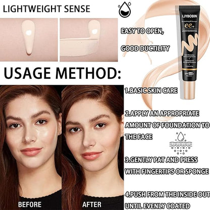 Hydrating CC Cream with Makeup Sponge,Waterproof Flawless Concealer Full Coverage BB Cream and Loose Setting Powder,Long Lasting Full Coverage Liquid Foundation for Men & Women（2 Pcs）