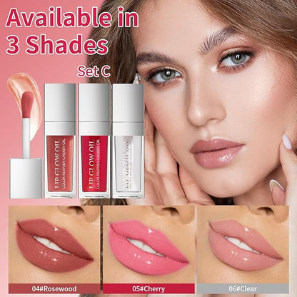 3Pcs Hydrating Lip Glow Oil - Moisturizing Tinted Lip Gloss Plumping Nourishing Shiny Long-Lasting Lip Stain with Cherry Seed Oil 0.27 fl.oz (Set C)
