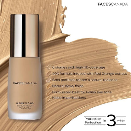 Faces Canada HD Runway Ready Foundation, Red Orange Extract & Gold particles, High Coverage, Oil-Free, Flawless Radiance, Vegan & Cruelty Free, Paraben Free, Sand 04 (Beige), 1.01 Fl Oz