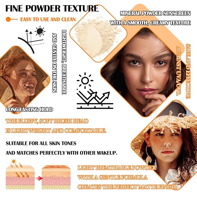 2 Pcs Sunscreen Setting Powder,SPF 50+ PA++++,Oil Control Waterproof Mineral Powder Sunscreen,Lightweight Long Lasting Matte Sunscreen Powder with Sunscreen Brush