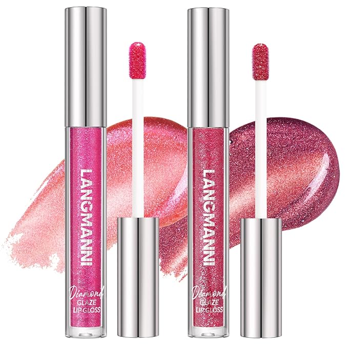 LANGMANNI 2 Colors Diamond Glitter Lip Gloss Set,Long Lasting High Shine Shimmer Liquid Lipstick Set,Hydrating,Moisturizing Lip Gloss Kit Gift Makeup For Girls(#05+06)