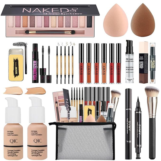 All in One Makeup Kit for Women Full Kit, 12 Colors Eyeshadow, Foundation & Primer, Lipsticks, Mascara, Makeup Brush & Sponge, Brow Pencil & Soap, Eyeliner, Contour Stick, Cosmetics Bag