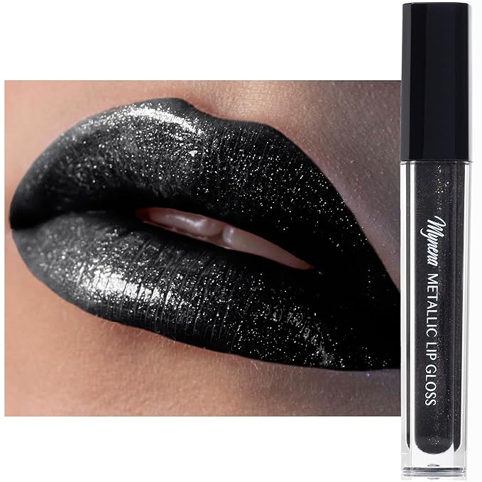 Mynena Black Glitter Lip Gloss Non-Sticky Filled with Iridescent Sparkles | Lightweight Shimmer Lip Topper – Paraben-Free | Demi-Sheer Lipgloss from Cosplay to Everyday Glam | Ebony