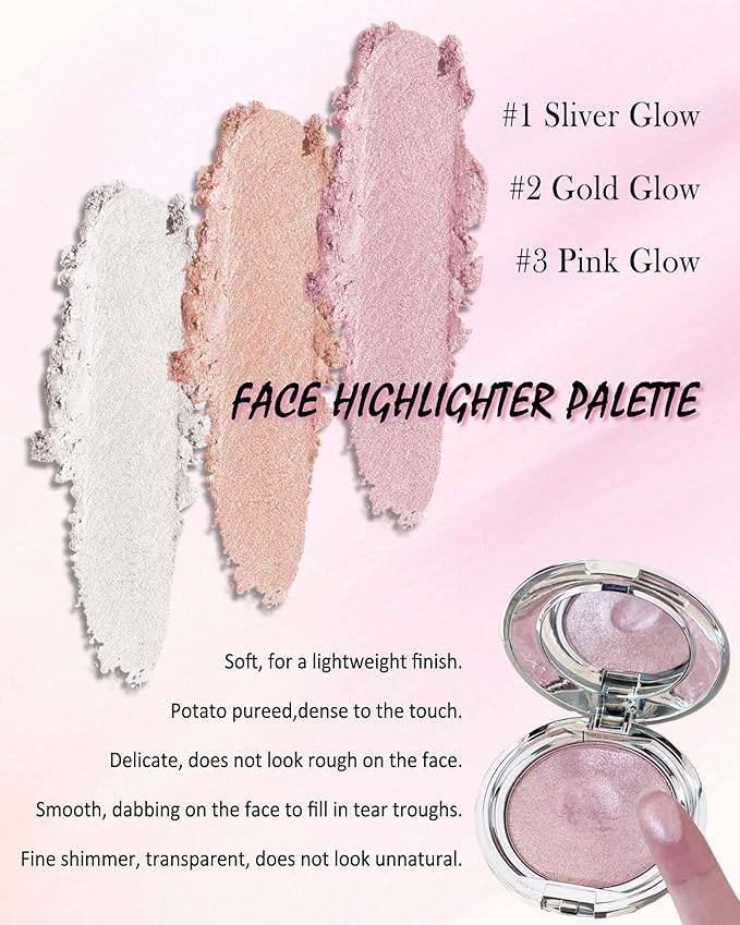 Face Highlighter Blush Powder Palette, Waterproof Long Lasting Shimmer Pink Glow Highlighting Bronzer Eye Facial Blusher Contour Cream Makeup Palette, Illuminator for Women Eyeshadow Body Cheek-03