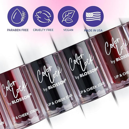 Blossom Lip Gloss Color Lock Lip Stain & Tint, Hydrating, Longlasting, Buildable, Non Drying, Smudgeproof + Transfer Proof, Made in USA with Doe Foot Applicator, 0.14oz, Wine Stained