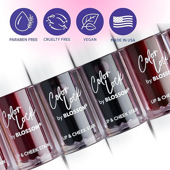 Blossom Lip Gloss Color Lock Lip Stain & Tint, Hydrating, Longlasting, Buildable, Non Drying, Smudgeproof + Transfer Proof, Made in USA with Doe Foot Applicator, 0.14oz, Poppin' Pink