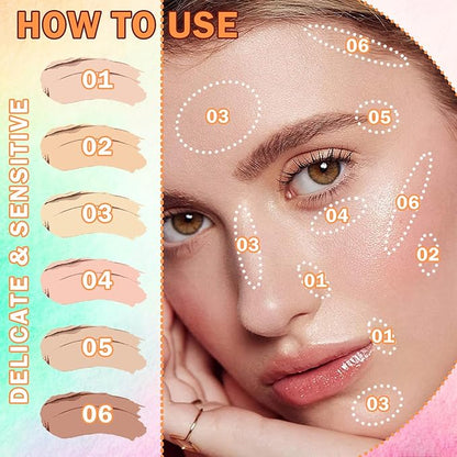6 Colors Correcting Concealer Contour Makeup Palette,Cream Concealer Contour Palette for Dark Circles Blemish Redness,Highlighting Long Lasting Contouring Liquid Foundation Makeup with Brush（02）