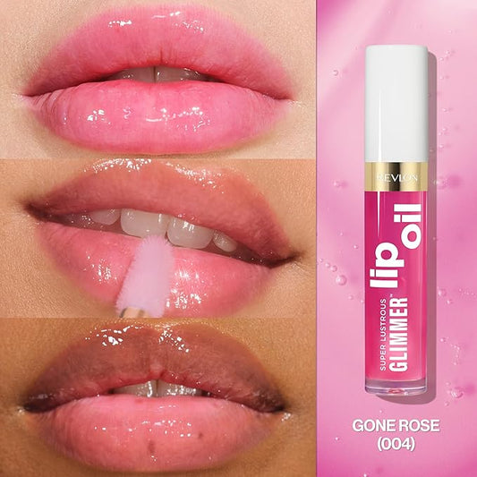 Revlon Super Lustrous Glimmer Lip Oil, Moisturizing & Tinted, Shiny Finish, Made with Plant-Based Squalane, 004 Gone Rose, 0.13 fl oz