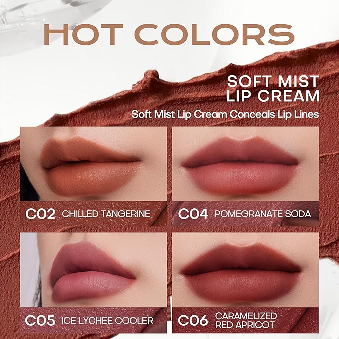 Mistine Cream Lip Gloss Thai latte Long Lasting Lip Gloss Non-sticky Silk Smooth Mist Matte Finish Lip Tint Gloss C04 Pomegranate Soda 0.1 fl oz 1 Count