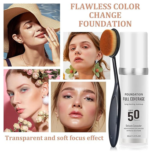 2PCS Color Changing Foundation Makeup Set, Full Coverage Liquid Makeup Foundation with Brush, Moisturizing Oil Control Foundation Color Changing Makeup, Waterproof Matte Concealer with Makeup Sponge
