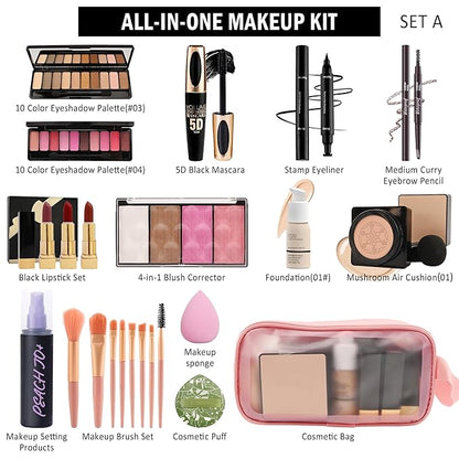 All in One Makeup Set Kit for Women Full Kit,Makeup Gift Kit with Everything,Mascara Eyebrow Eyeliner Eyeshadow Foundation Lipstick Blush Highlighter,Women's Day Makeup Gift for Women Girl-Set A