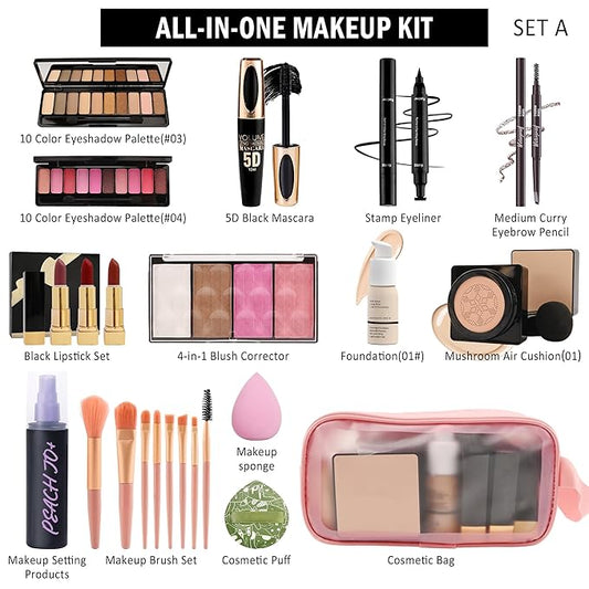 All in One Makeup Set Kit for Women Full Kit,Makeup Gift Kit with Everything,Mascara Eyebrow Eyeliner Eyeshadow Foundation Lipstick Blush Highlighter,Women's Day Makeup Gift for Women Girl-Set A
