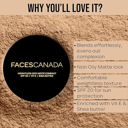 Weightless Matte Finish Compact Powder - Ivory | Non Oily Pressed Powder | Easy Blendable & Lightweight | Sun Protection with Vitamin E | 0.32 Oz/9g