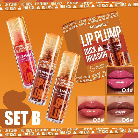 3 Colors Duck Lip Plumper Gloss, Korean Glitter Gloss for Fuller Lips | Hydrating, Non-Sticky Tinted Lip Balm Set (Set B)