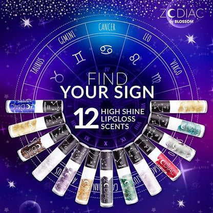 Blossom Lip Gloss Zodiac Sign Vanilla Scented Roll-On Lip Gloss, Moisturizing + Hydrating with Zodiac Crystals, Made in USA, 0.20oz, Cancer