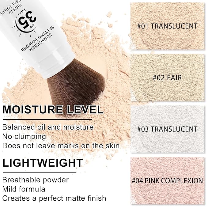 Mineral Sunscreen Setting Powder, SPF 35 Translucent Loose Powder for Face & Scalp, Mineral Brush Powder, Oil Control Natural Matte Finish, Lasting Lightweight Breathable (#01 Translucent)
